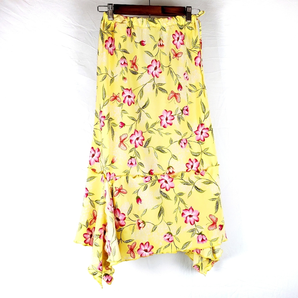 Y2K Yellow Floral Asymmetric Midi‎ Skirt